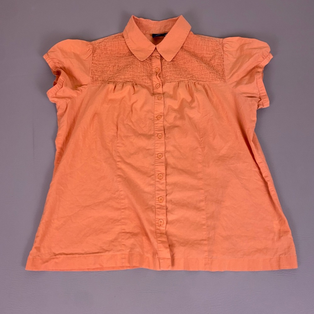 Sonoma Blouse Top Women's Plus 1X Orange Cotton Smocked Button Up Cap Sleeve *